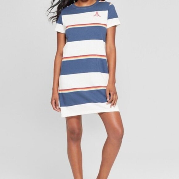 Junk Food Clothing T Shirt Dress Short Sleeve Wide Striped Blue White Size Small - Picture 6 of 8